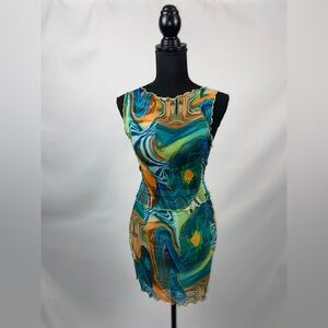 Matching Set Dress Multicolor Marble Print Mesh Dress Lettuce Trim SHEIN